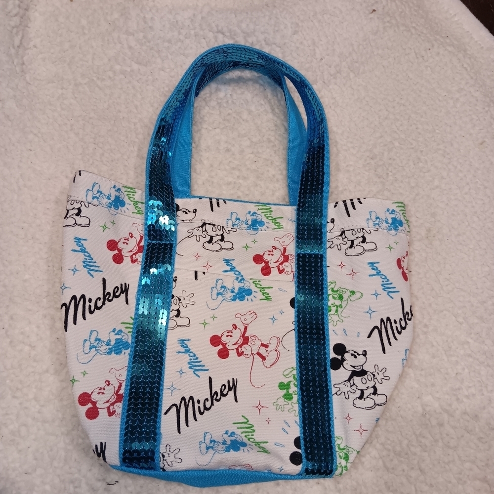 Disney Store Mickey Mouse Canvas Tote Turquoise Sequins Bucket Bag Purse Small